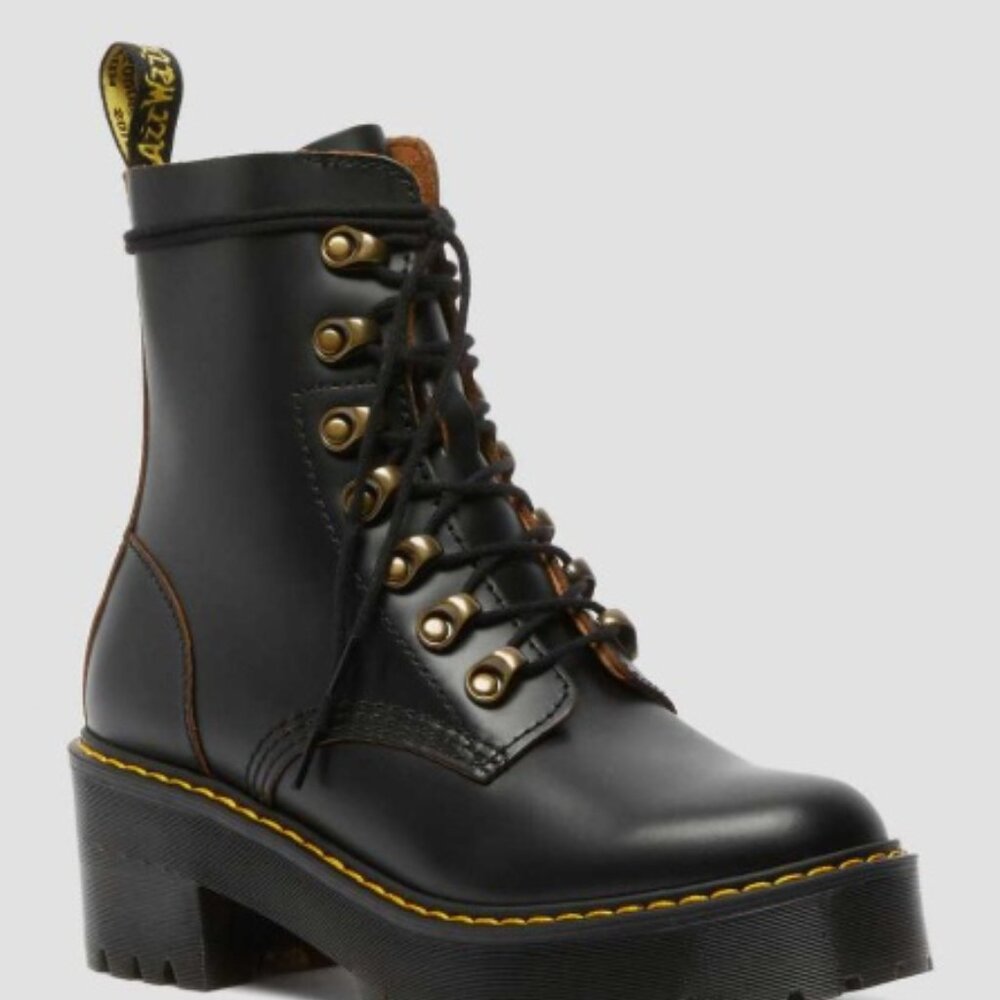 NWOB Dr. Martens Women's Black Leather Leona Vintage Smooth Combat Boot Size 10 - Picture 2 of 7